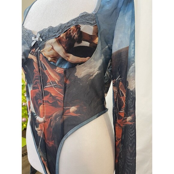 Art To Wear Womens M L Abstract mesh long sleeve lace bodysuit Y2K Whimsigoth - Picture 7 of 16